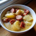 A close-up of a white bowl filled with creamy kielbasa potato soup, featuring chunks of kielbasa sausage and tender potatoes.