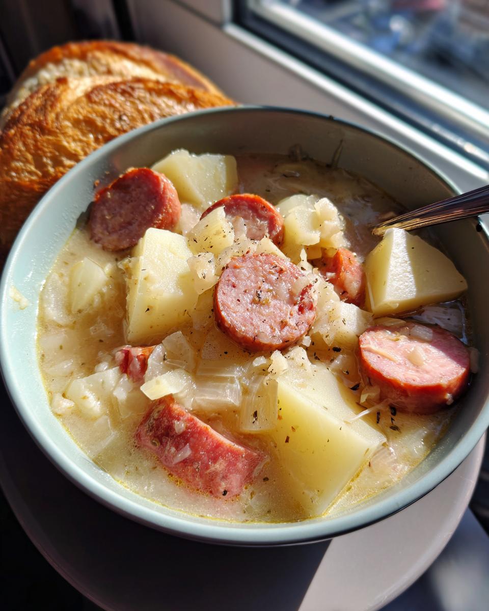 A close-up of a bowl of kielbasa potato soup with chunks of potato and sausage, served with crusty bread.