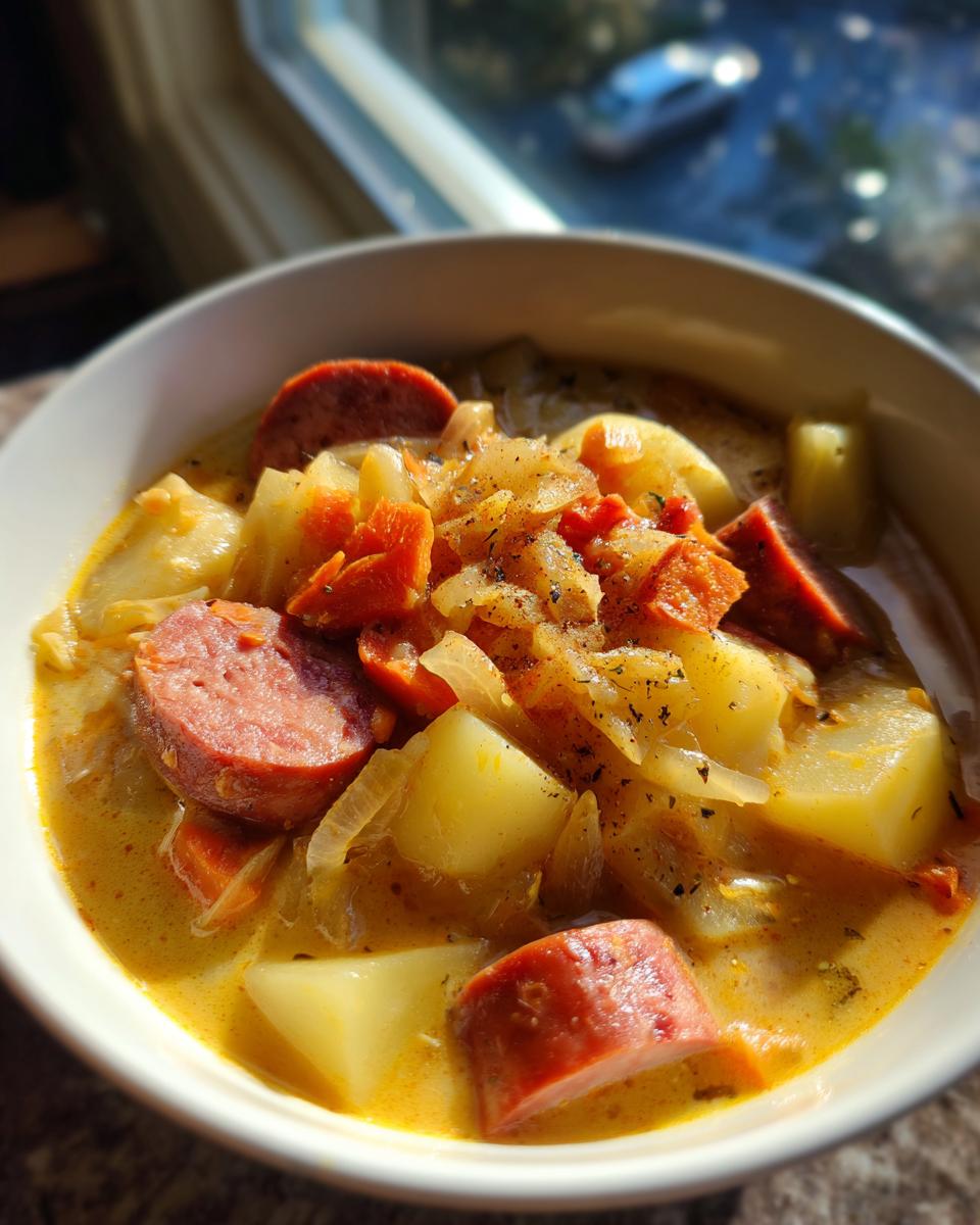 A close-up of a bowl of Kielbasa potato soup, featuring chunks of kielbasa sausage, potatoes, and onions in a creamy broth.