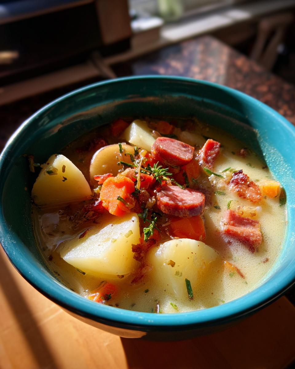 A close-up of a turquoise bowl filled with hearty kielbasa potato soup, featuring chunks of kielbasa sausage, potatoes, and carrots.