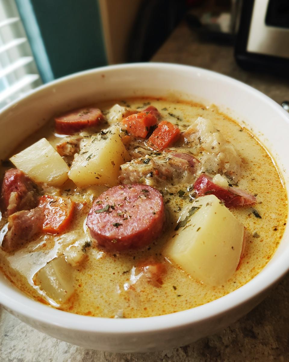 Close-up of a bowl of hearty Kielbasa potato soup with chunks of sausage, potatoes, and carrots, garnished with herbs.