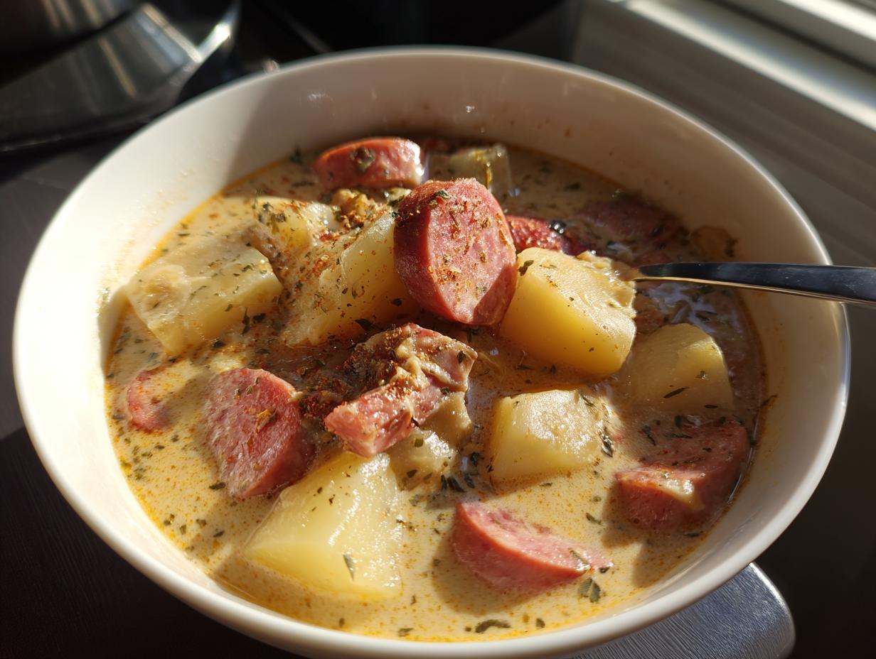 A close-up of a bowl of Kielbasa potato soup, featuring chunks of potato and sliced kielbasa sausage in a creamy broth.