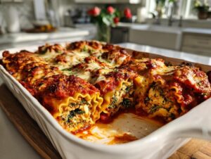 A close-up of a white baking dish filled with cheesy, saucy lasagna roll ups, a comforting family dinner.
