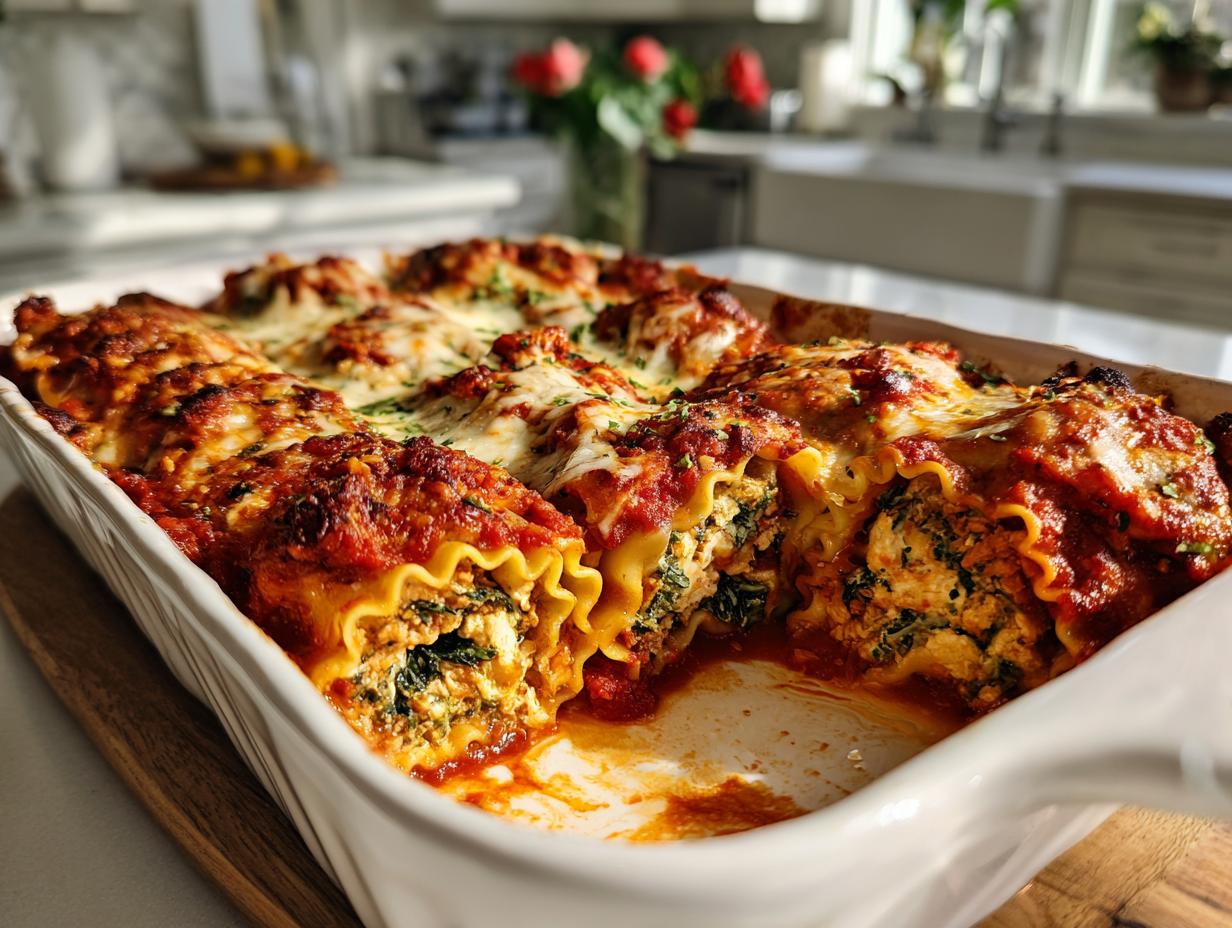 A close-up of a white baking dish filled with cheesy, saucy lasagna roll ups, a comforting family dinner.