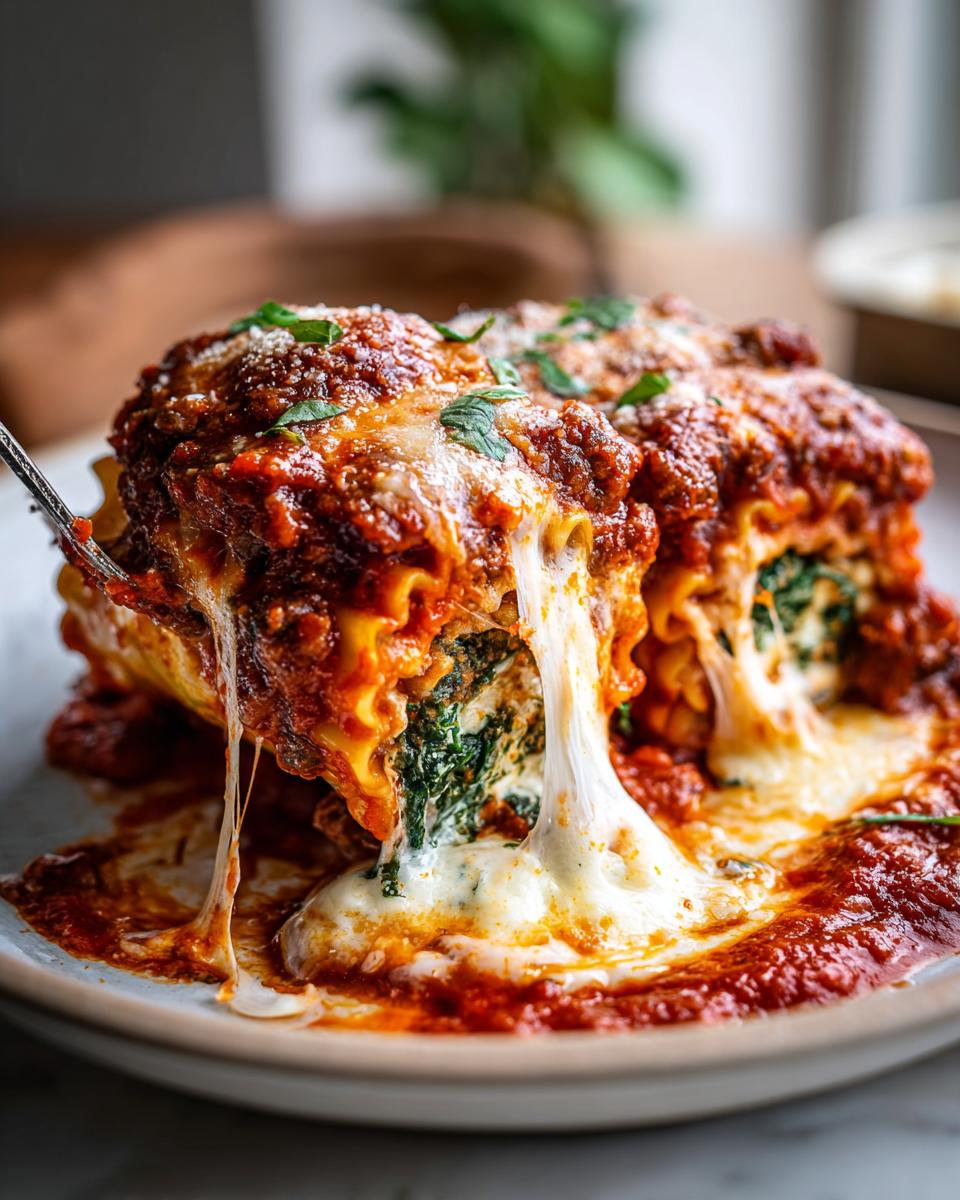 A fork pulling a cheesy lasagna roll up, revealing spinach filling and melted mozzarella.