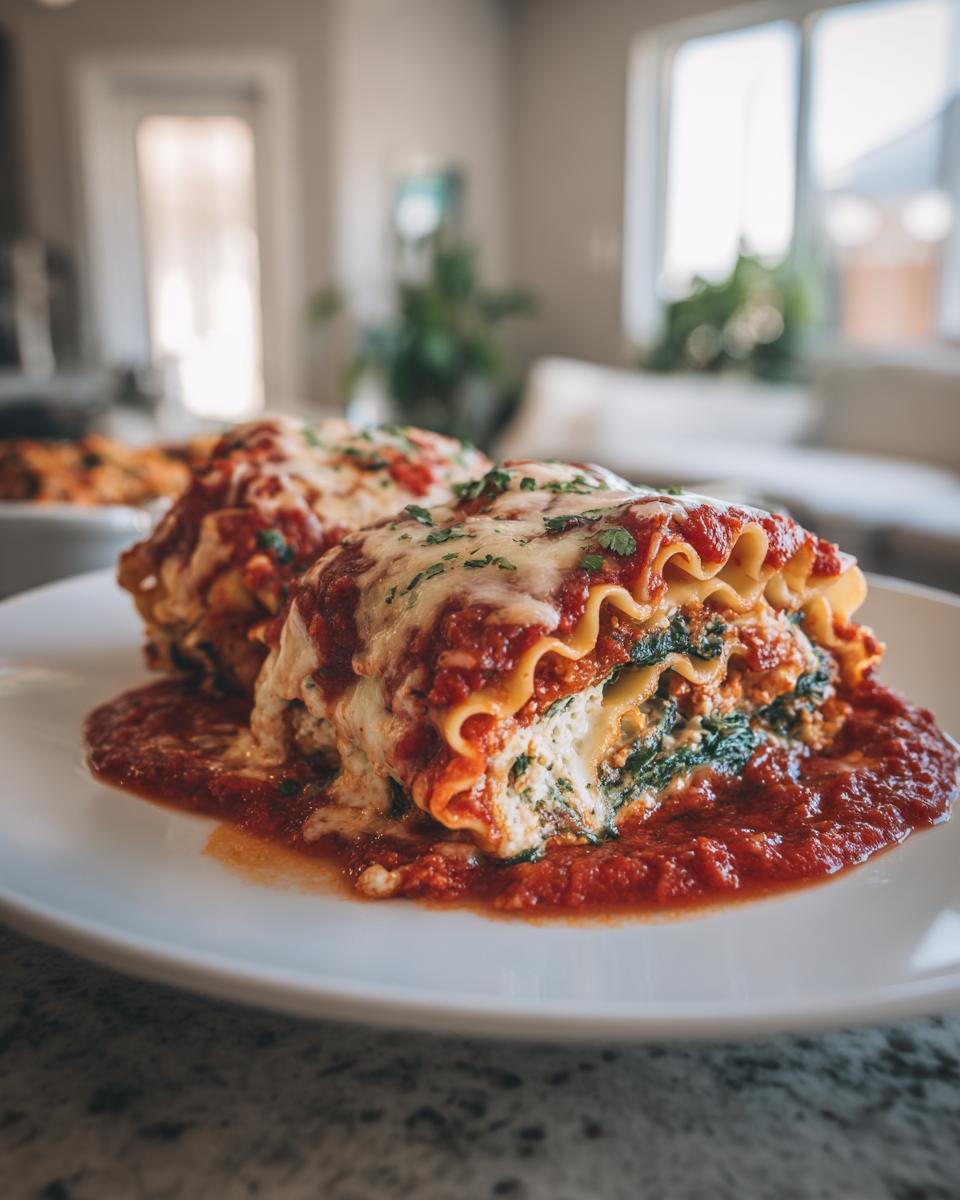 Close-up of two delicious lasagna roll ups, covered in marinara sauce and melted cheese, garnished with parsley.
