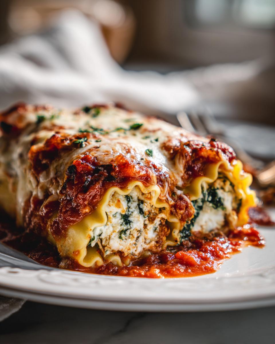 Close-up of a serving of cheesy lasagna roll ups filled with ricotta and spinach, topped with marinara sauce and herbs.