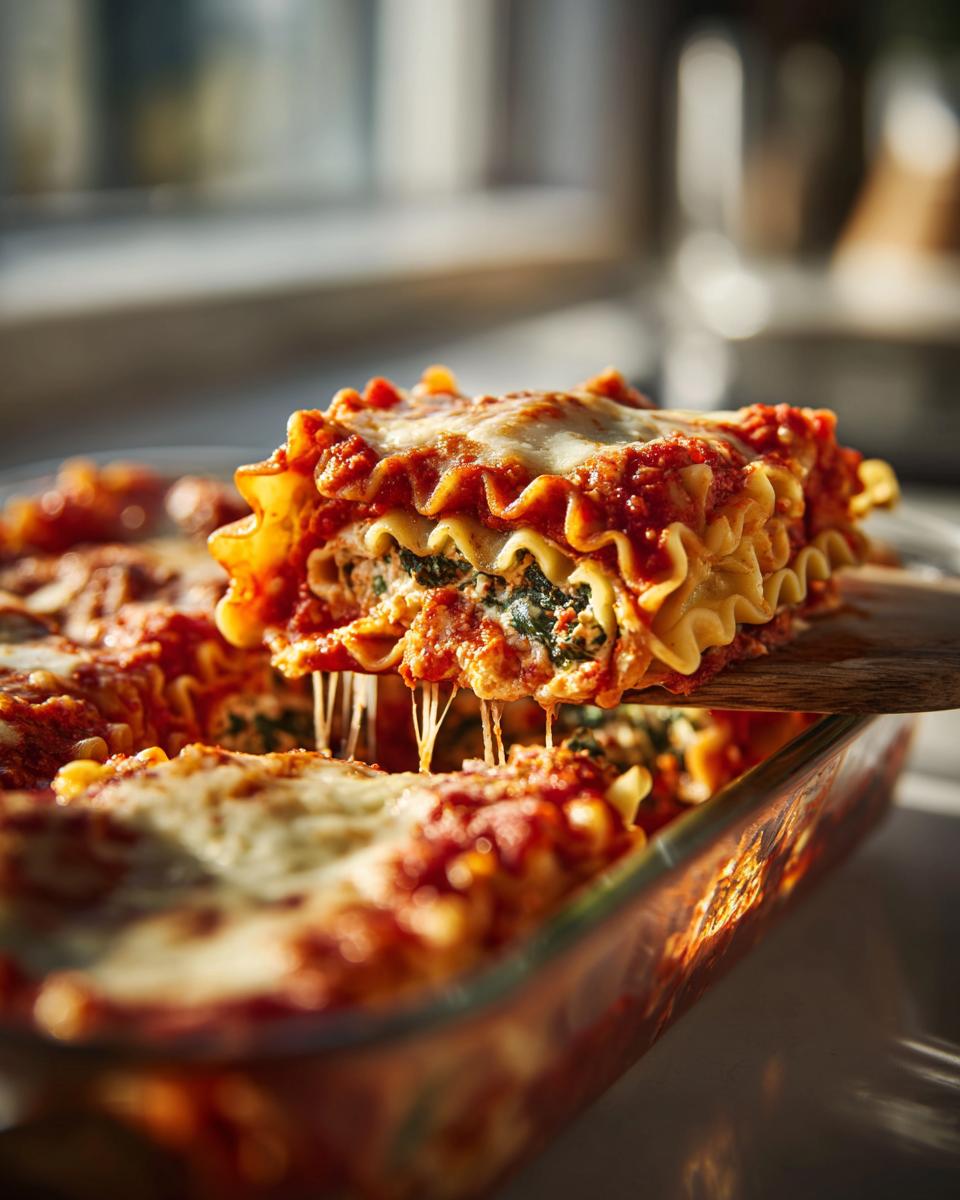 A serving of cheesy lasagna roll ups with spinach filling, lifted from a baking dish.