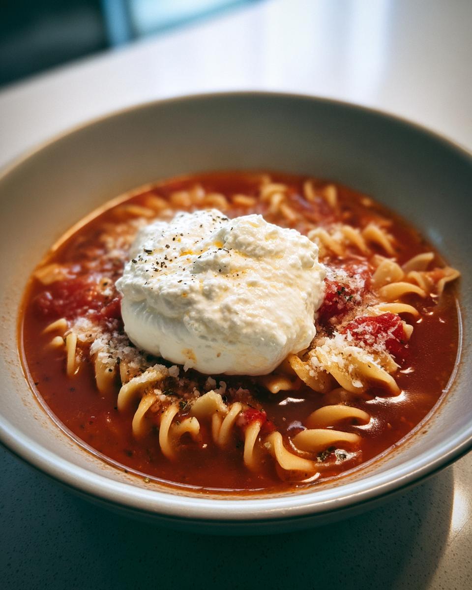 A bowl of hearty lasagna soup with pasta and a generous dollop of ricotta cheese on top.