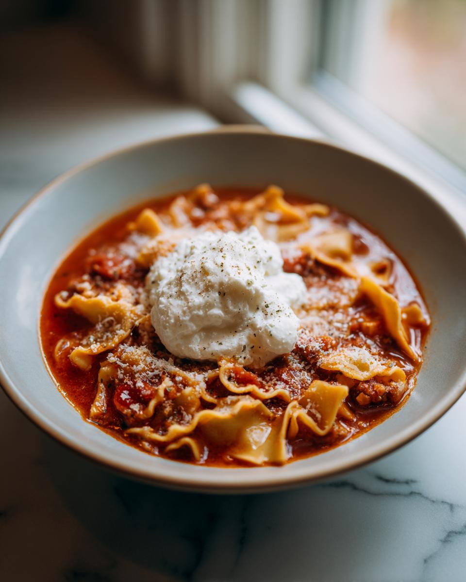 A bowl of delicious lasagna soup with ricotta cheese topping and ruffled pasta.