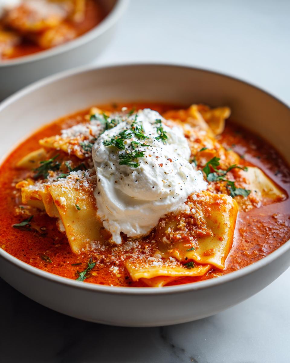 A close-up of a bowl of lasagna soup with ricotta, topped with fresh herbs and parmesan cheese.