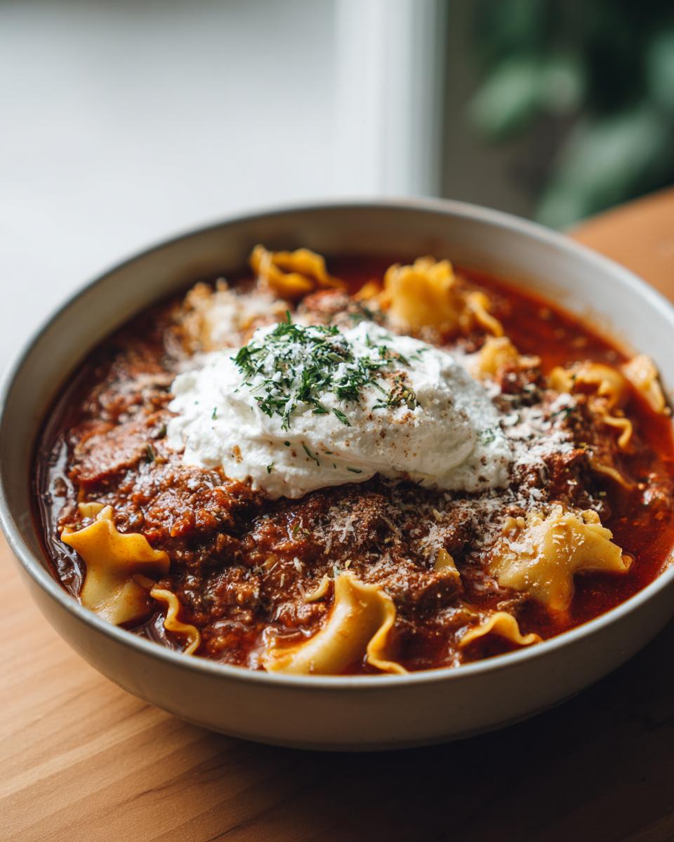 A close-up of a bowl of lasagna soup with ricotta cheese and herbs, featuring ruffled lasagna noodles and rich meat sauce.