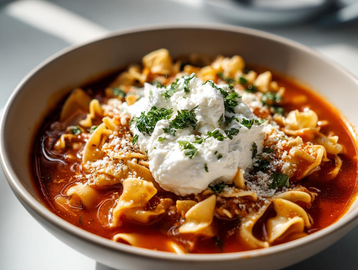 A close-up of a bowl of hearty lasagna soup with ricotta cheese and herbs.