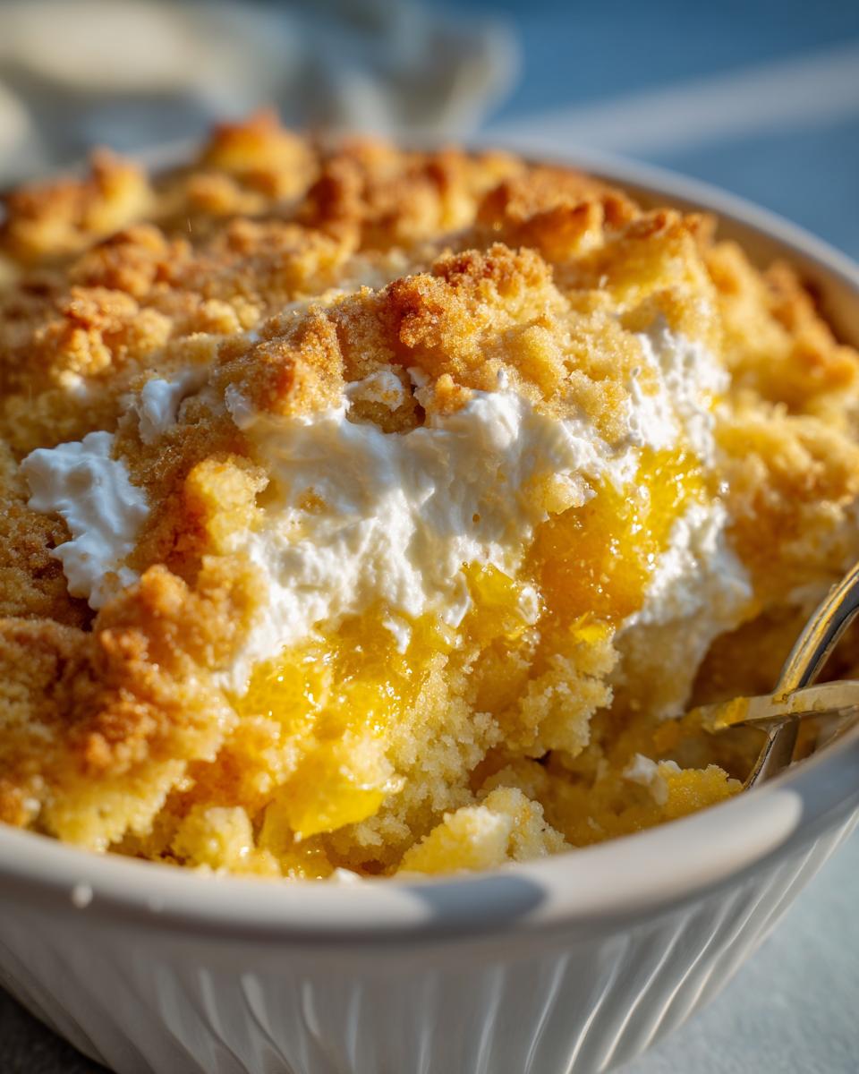Close-up of a fork digging into a scoop of warm lemon cream cheese dump cake.