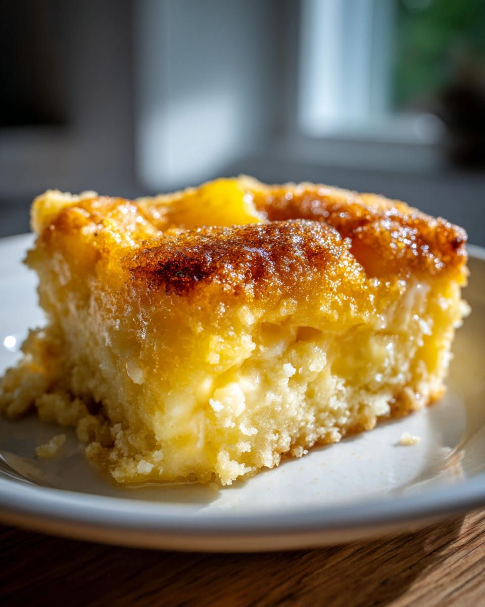 A close-up of a slice of lemon cream cheese dump cake on a white plate, showing a gooey center and golden crust.
