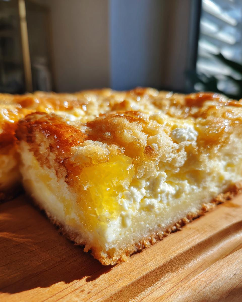 Close-up of a slice of lemon cream cheese dump cake showing layers of bright lemon filling and creamy cheese topping.
