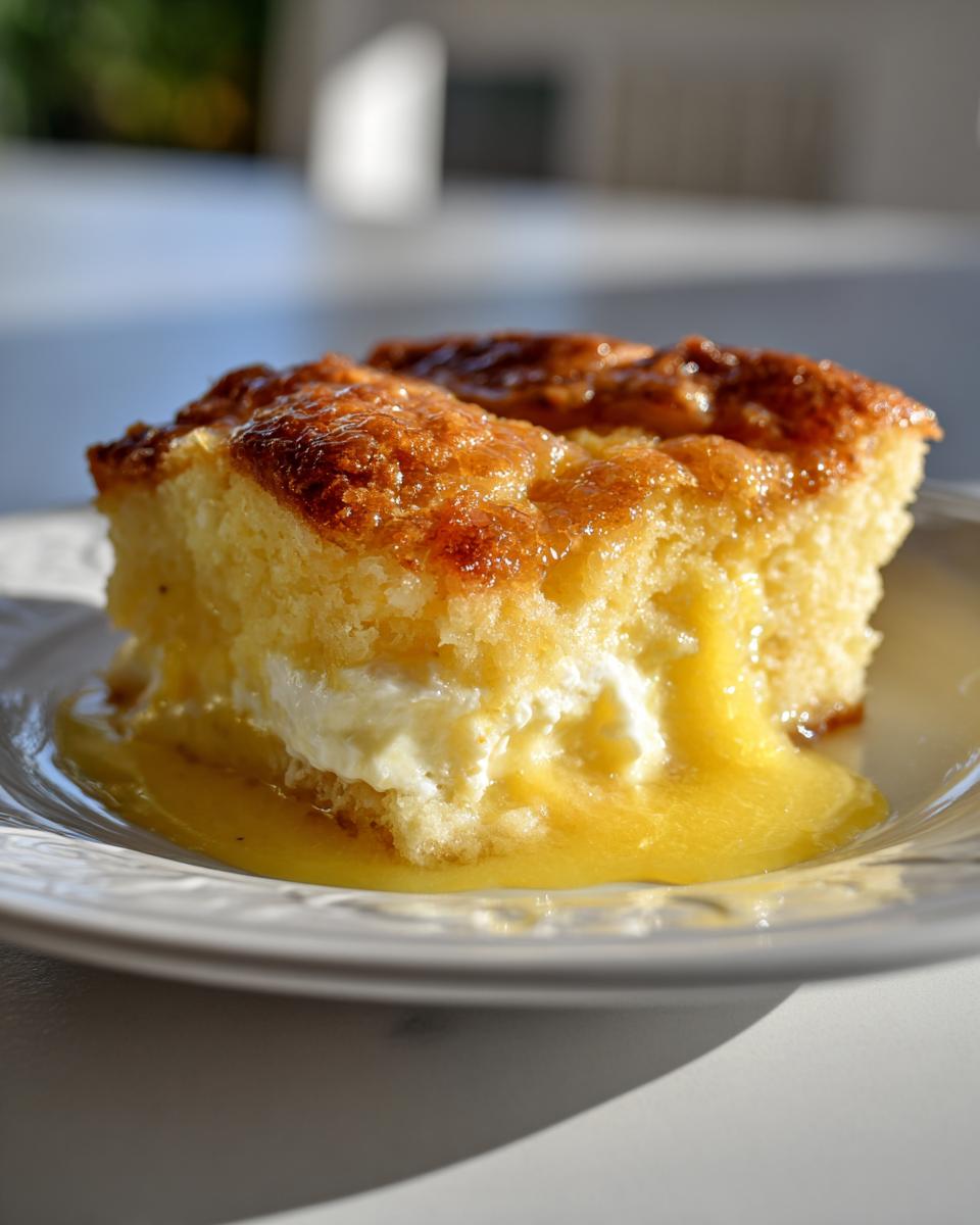 A slice of delicious lemon cream cheese dump cake with a gooey lemon filling and creamy cheese.