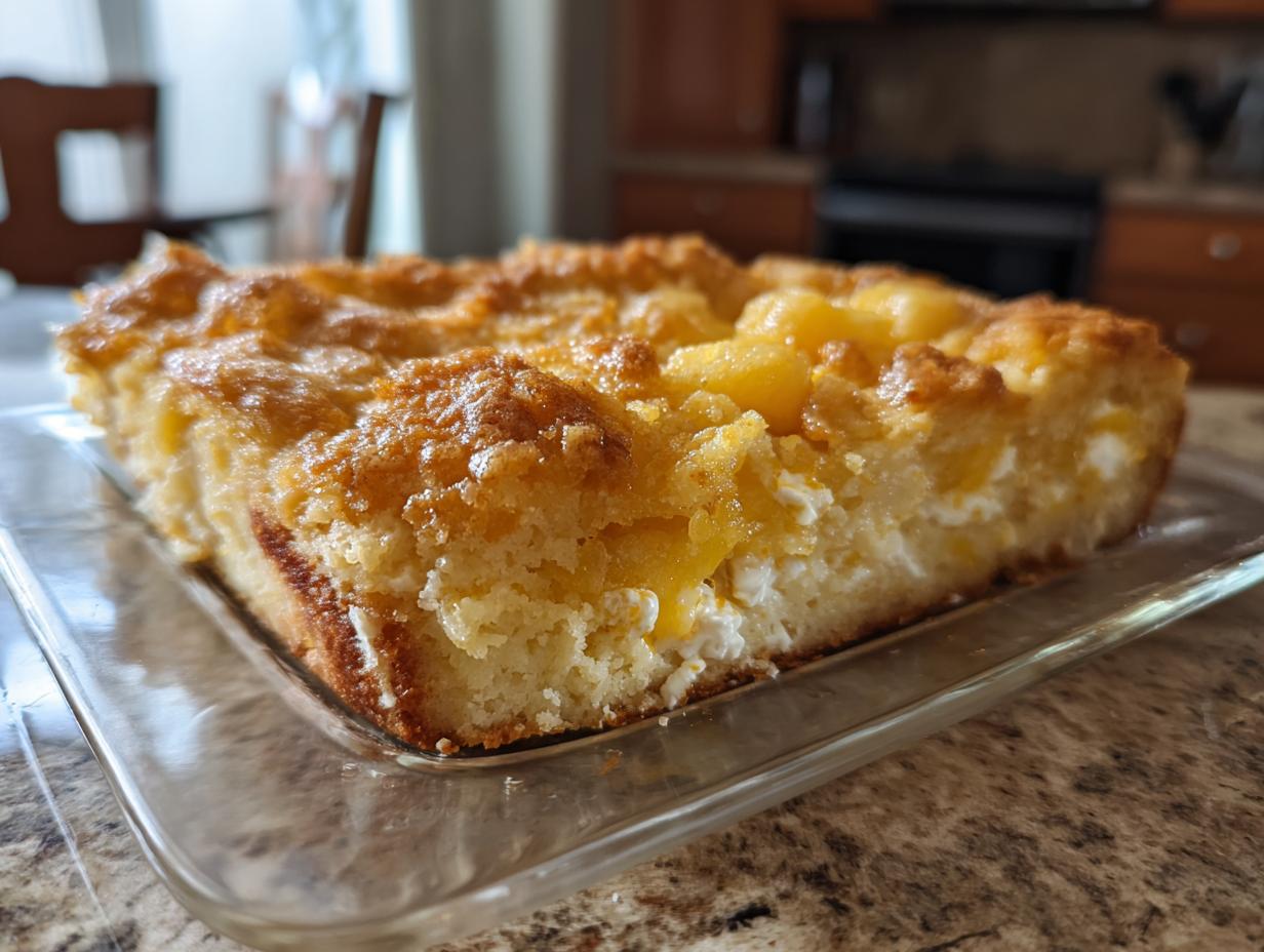 A slice of delicious lemon cream cheese dump cake on a glass plate, showing layers of cake, cream cheese, and pineapple.