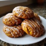 A stack of freshly baked maple pumpkin cookies drizzled with a white glaze on a white plate.