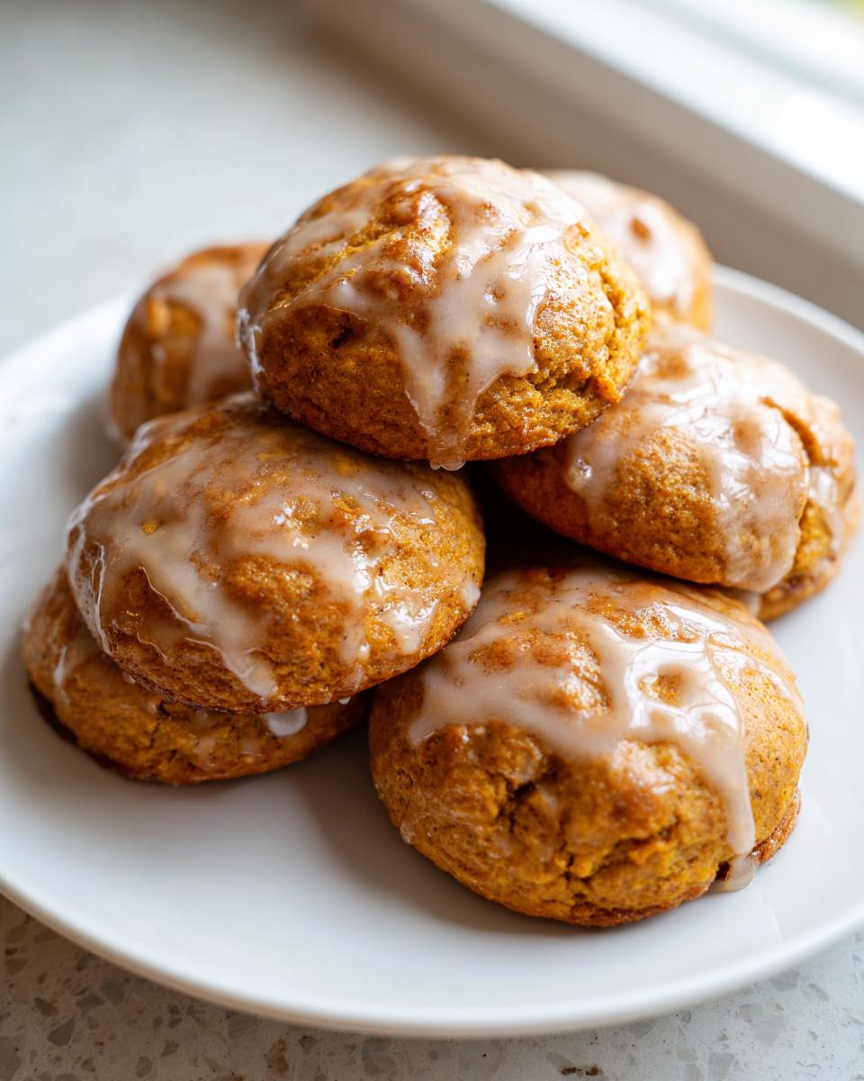 A close-up of a stack of soft, glazed maple pumpkin cookies on a white plate.