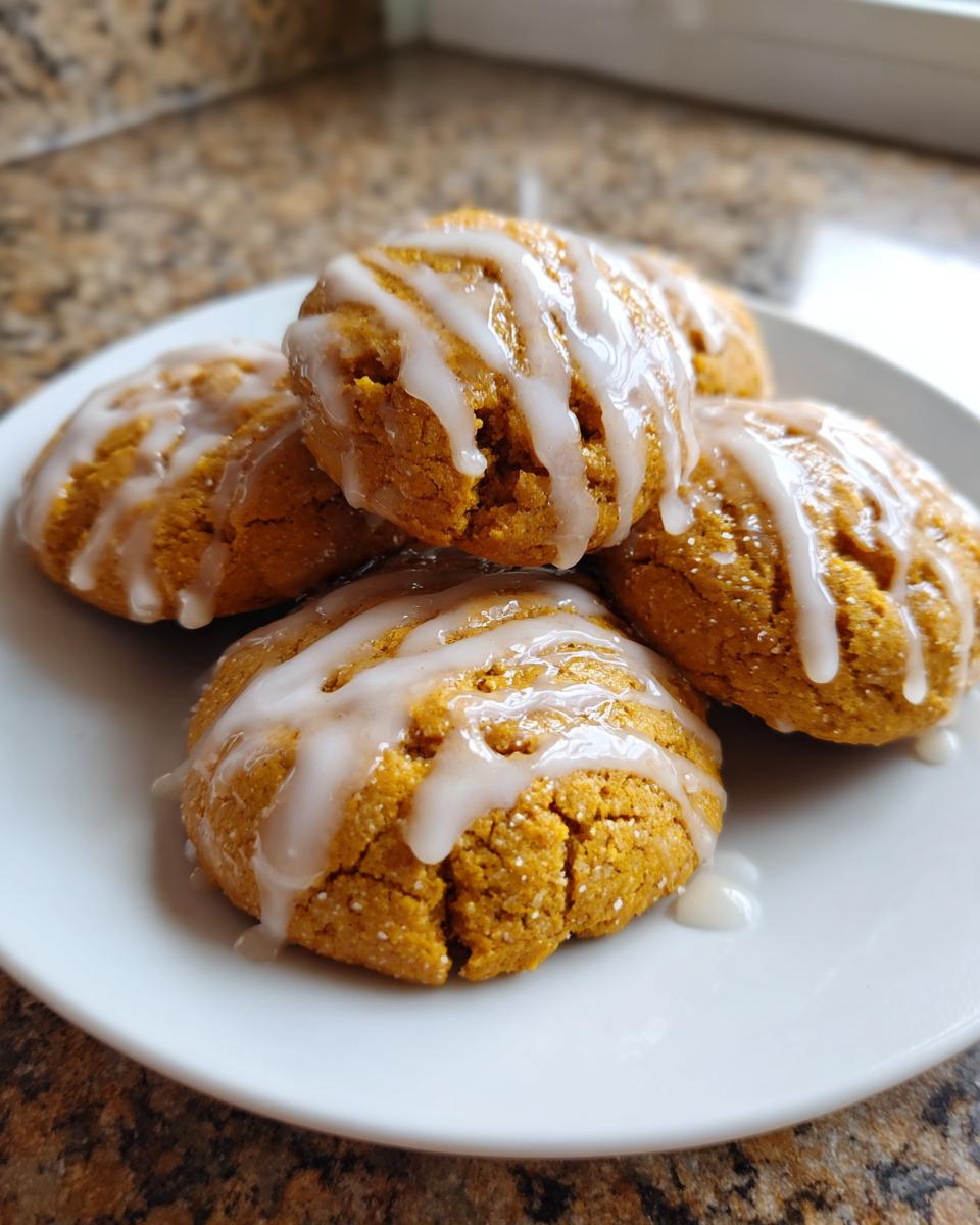 A close-up of several moist maple pumpkin cookies drizzled with white glaze on a white plate.