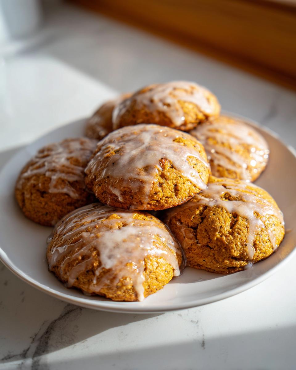 A stack of freshly baked maple pumpkin cookies drizzled with a sweet glaze on a white plate.