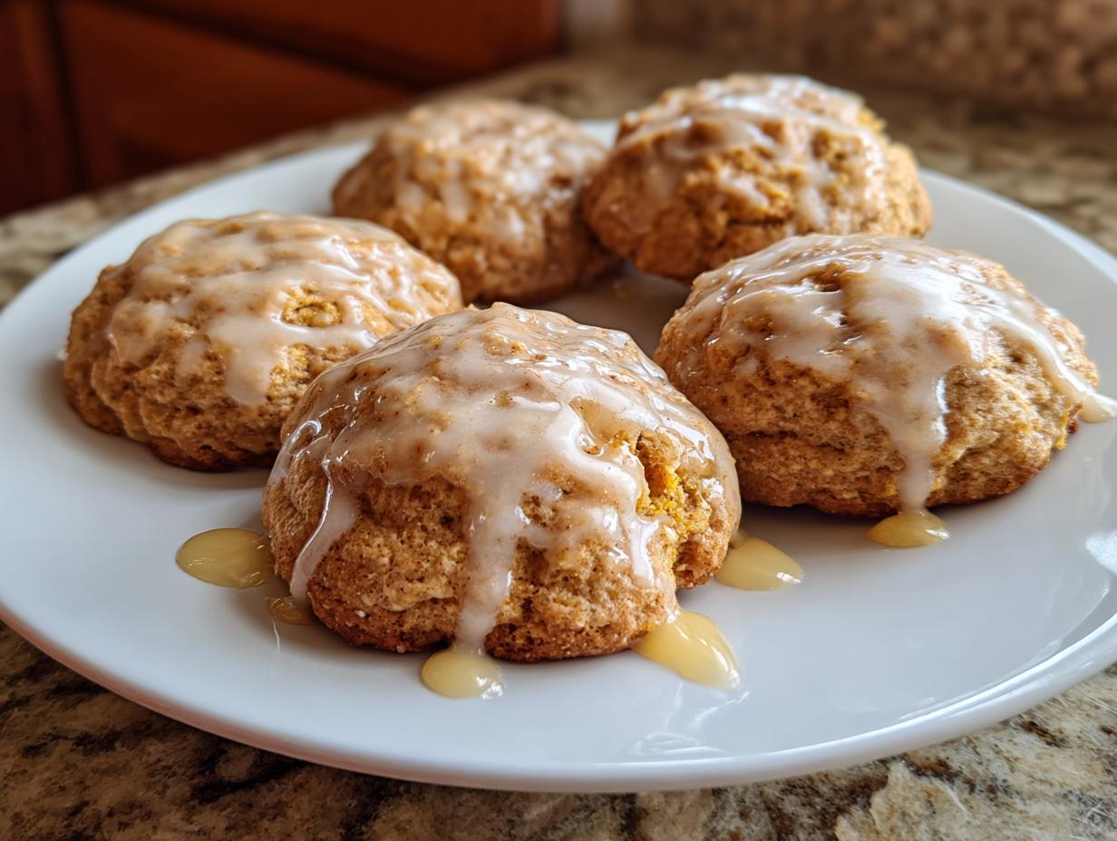 Close-up of five round maple pumpkin cookies drizzled with a creamy white glaze on a white plate.