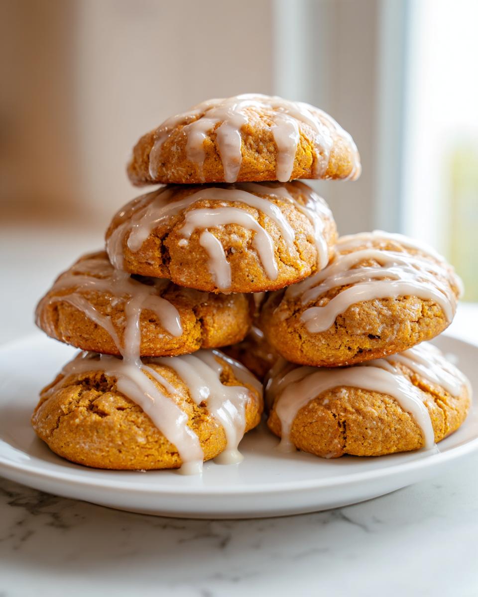 A tall stack of delicious maple pumpkin cookies, generously drizzled with a sweet white glaze.
