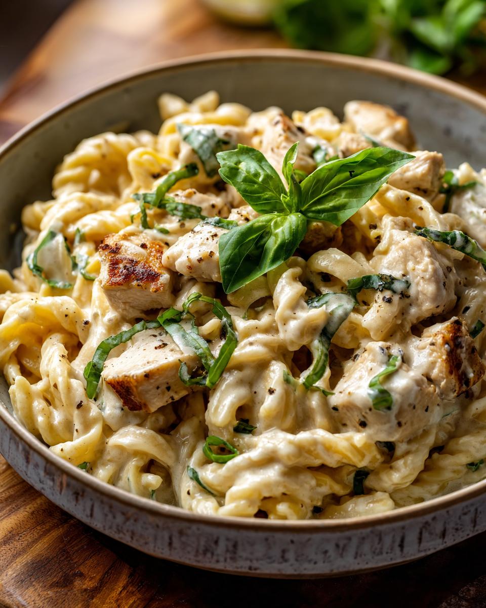 A close-up of a bowl of creamy marry me chicken pasta, garnished with fresh basil leaves.