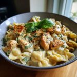 A close-up of a bowl of creamy marry me chicken pasta, topped with fresh basil.