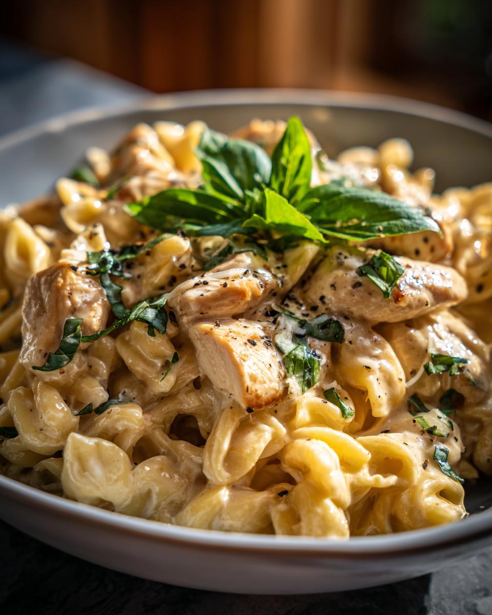 Close-up of a bowl of creamy marry me chicken pasta, topped with fresh basil and cracked black pepper.