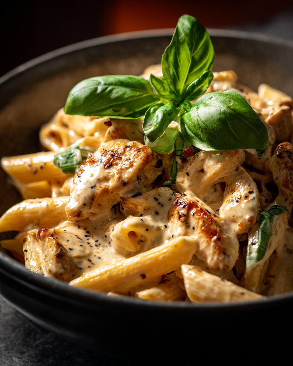 Close-up of creamy marry me chicken pasta with penne noodles and fresh basil garnish.