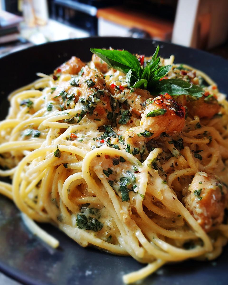A close-up of a creamy, delicious Marry Me Chicken Pasta dish with tender chicken pieces and fresh basil.