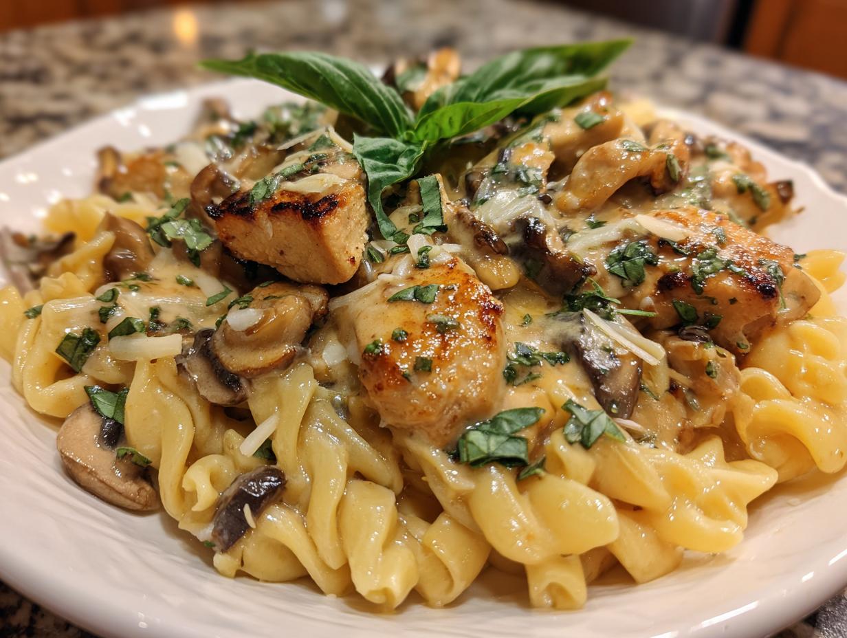 A close-up of a white plate filled with creamy marry me chicken pasta, featuring fusilli noodles, pan-seared chicken pieces, mushrooms, and fresh basil.