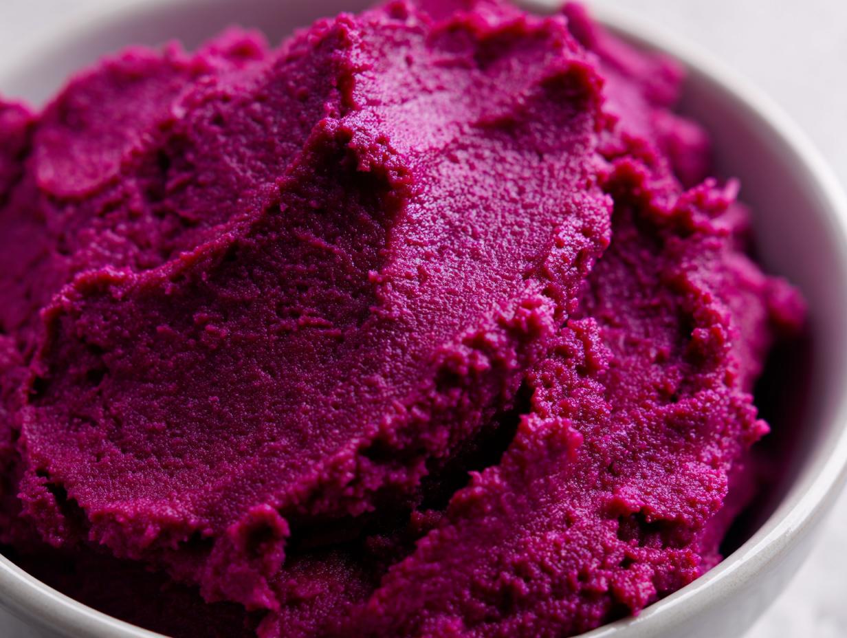 Close-up of creamy, vibrant mashed purple sweet potatoes in a white bowl.