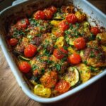 Close-up of a Mediterranean chicken zucchini bake in a white dish, topped with roasted cherry tomatoes and fresh parsley.