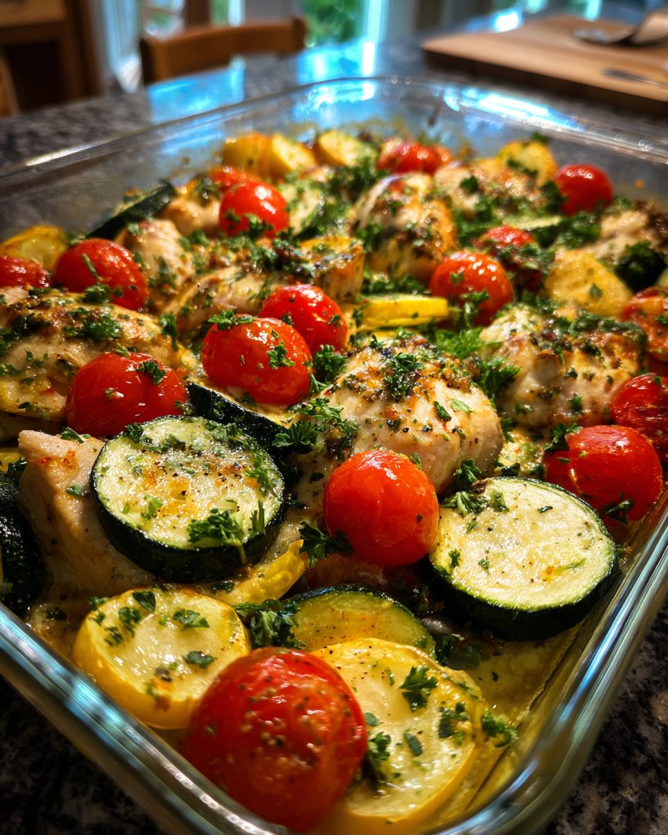 A close-up of a Mediterranean chicken zucchini bake in a glass dish, featuring chicken pieces, cherry tomatoes, and sliced zucchini and squash.