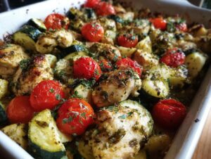 A close-up view of a Mediterranean chicken zucchini bake, featuring tender chicken pieces, zucchini slices, and cherry tomatoes baked in a white dish.