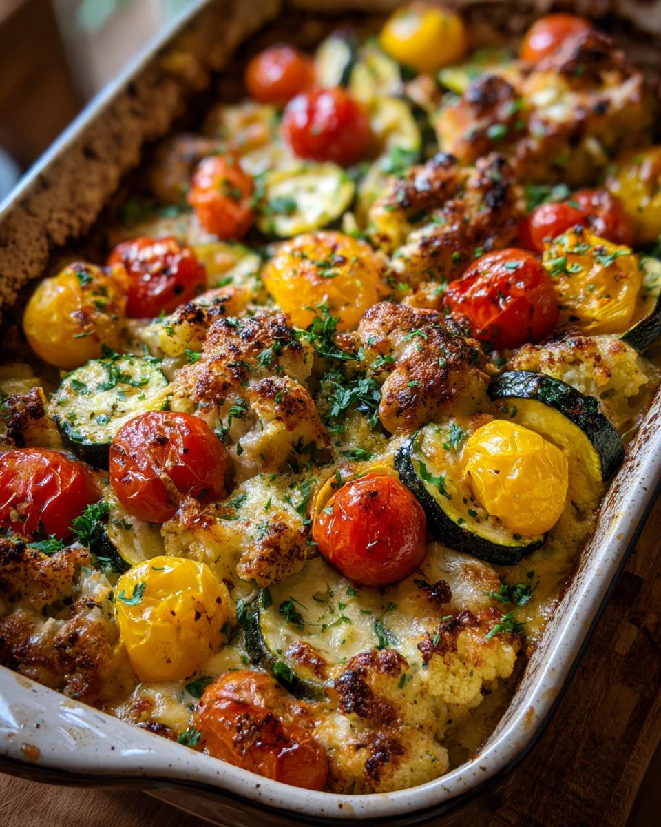 Close-up of a Mediterranean chicken zucchini bake in a casserole dish, featuring roasted tomatoes, zucchini slices, and cauliflower florets.