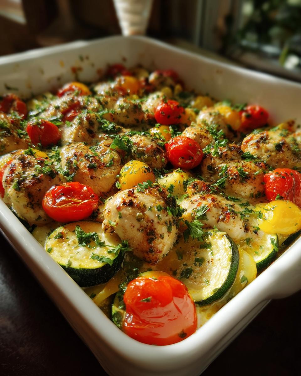 Close-up of a Mediterranean chicken zucchini bake in a white baking dish, featuring chicken pieces, sliced zucchini, and cherry tomatoes, garnished with parsley.
