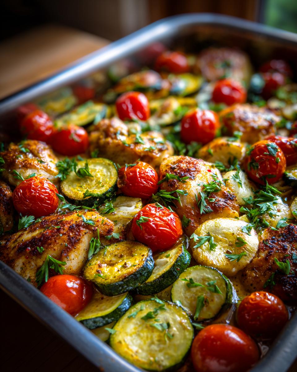 Close-up of a Mediterranean chicken zucchini bake in a pan, featuring golden chicken pieces, roasted zucchini slices, and cherry tomatoes, garnished with parsley.