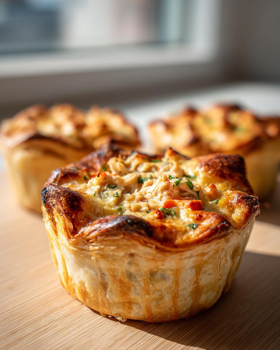 Close-up of a golden-brown mini chicken pot pie with a flaky crust, filled with chicken and vegetables.
