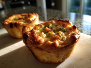 Close-up of two golden-brown mini chicken pot pies with flaky crusts and visible vegetable filling.
