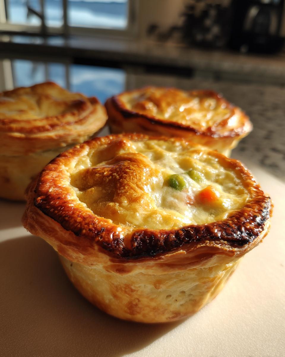 Close-up of three golden-brown mini chicken pot pies, with visible peas and carrots in the creamy filling.