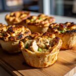 Close-up of golden-brown mini chicken pot pies filled with chicken, peas, and creamy sauce, arranged on a wooden board.