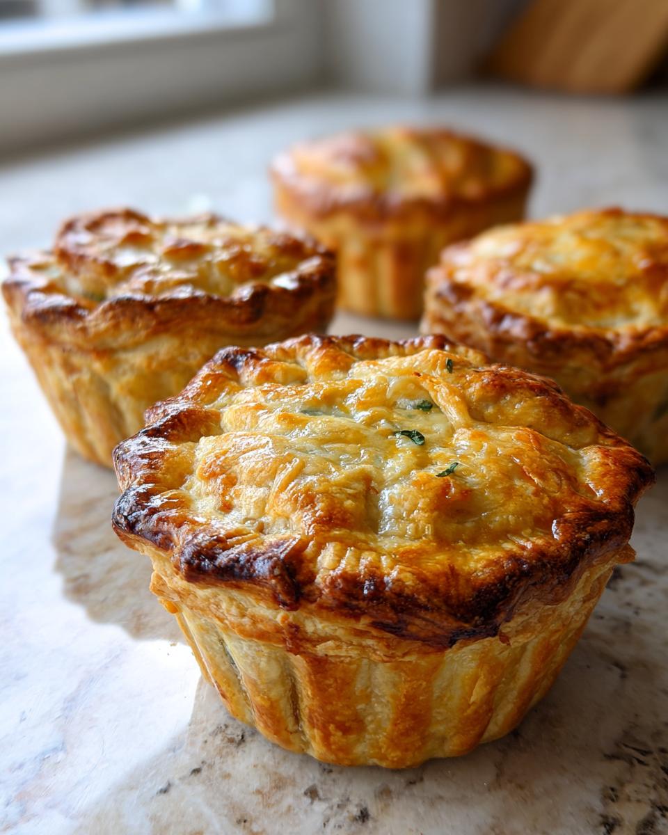 Close-up of four golden-brown mini chicken pot pies with flaky pastry crusts on a speckled countertop.