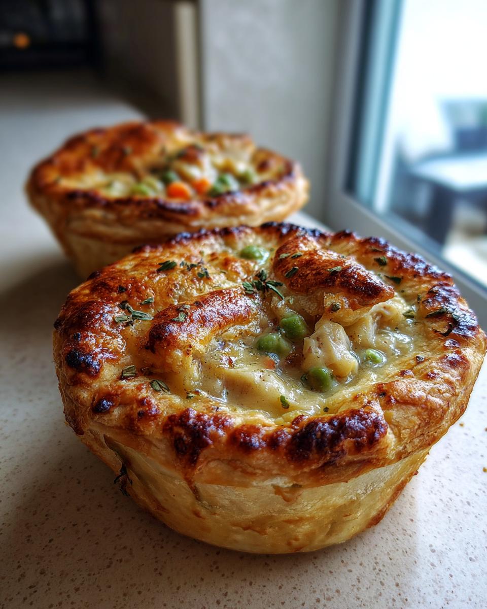Close-up of two golden-brown mini chicken pot pies with flaky crusts, filled with creamy chicken and vegetables.