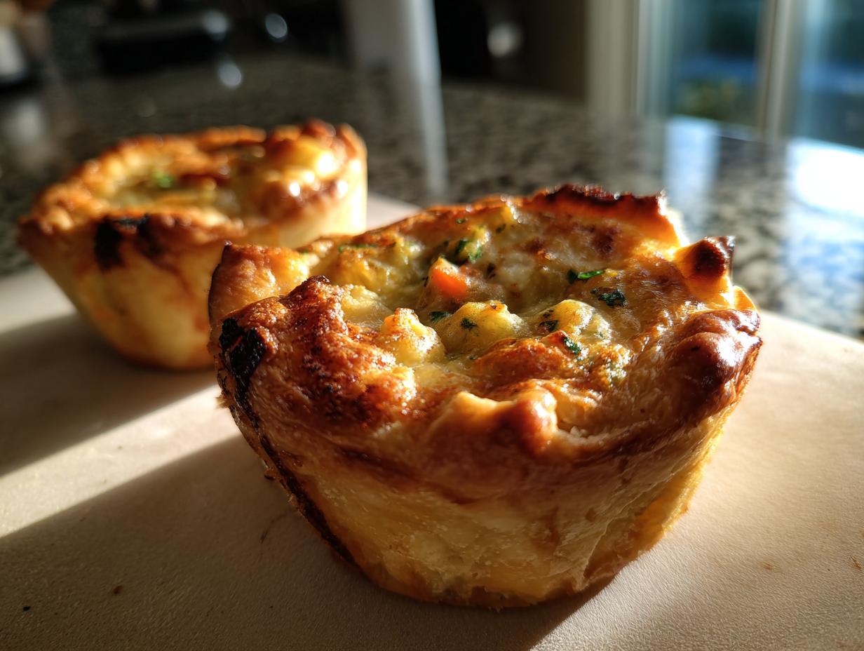 Close-up of two golden-brown mini chicken pot pies with flaky crusts and visible vegetable filling.
