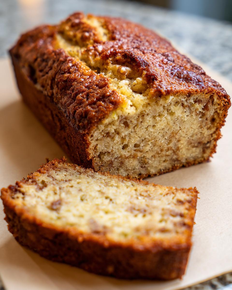 Close-up of a moist zucchini bread loaf with one slice cut and placed in front.