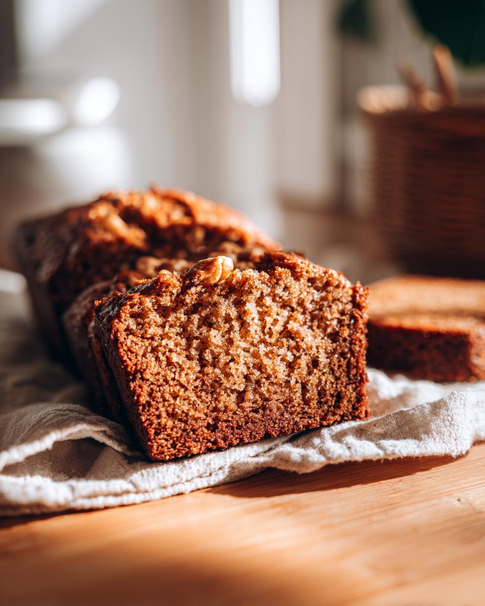 A close-up of a moist zucchini bread slice, showing its tender crumb and a few nuts on top.